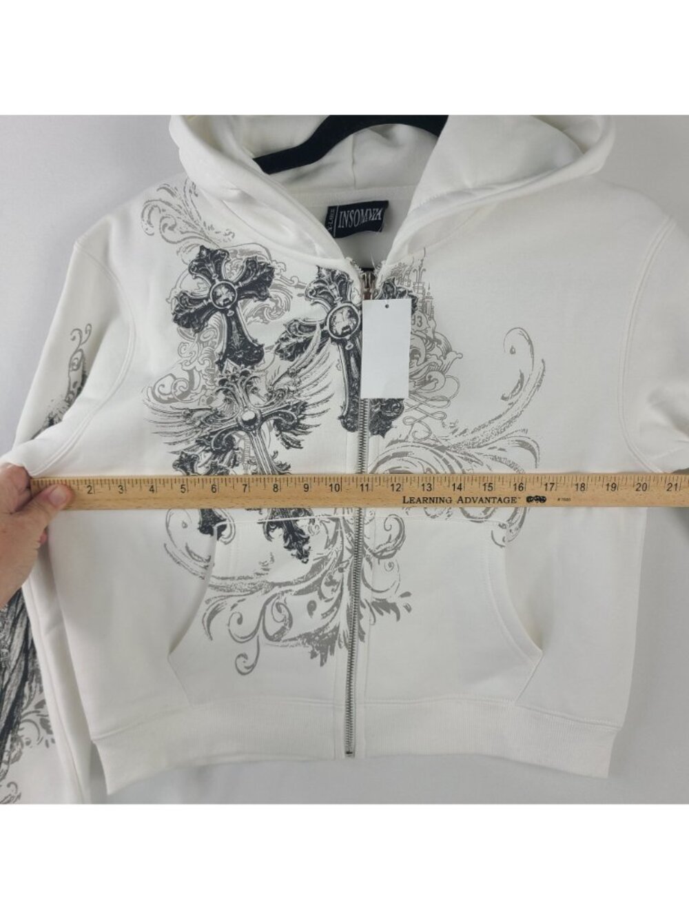 NEW Insomnia IV Elegance Cropped Hoodie With Angel & Cross Graphic White Sz XL - Picture 5 of 7